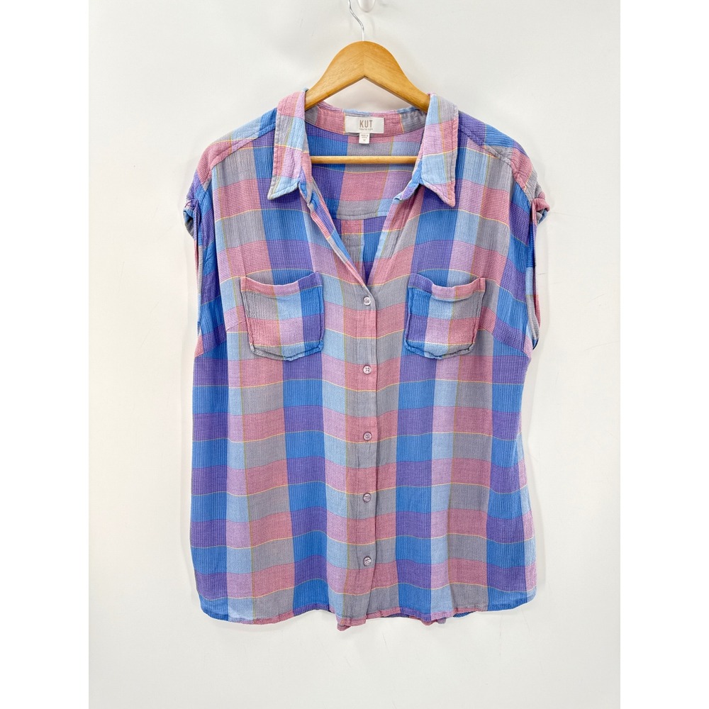 KUT From The Kloth XXL Plaid Button Front Top Pink Blue Purple Oversized Casual